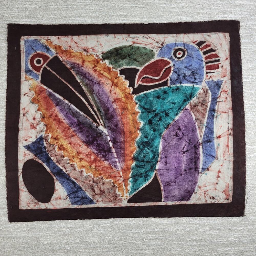 Shola Mali Tie Dye Batik Art Painting Birds Abstract Tapestry Wall Art Signed